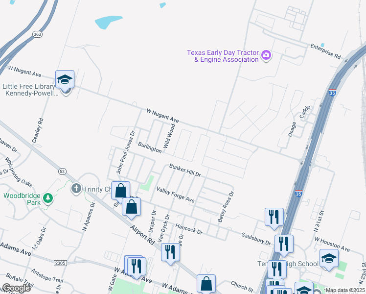 map of restaurants, bars, coffee shops, grocery stores, and more near 1119 Abbey Ridge in Temple
