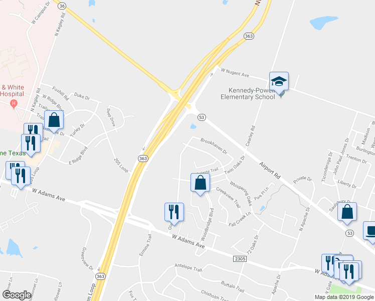 map of restaurants, bars, coffee shops, grocery stores, and more near 720 Olaf Drive in Temple