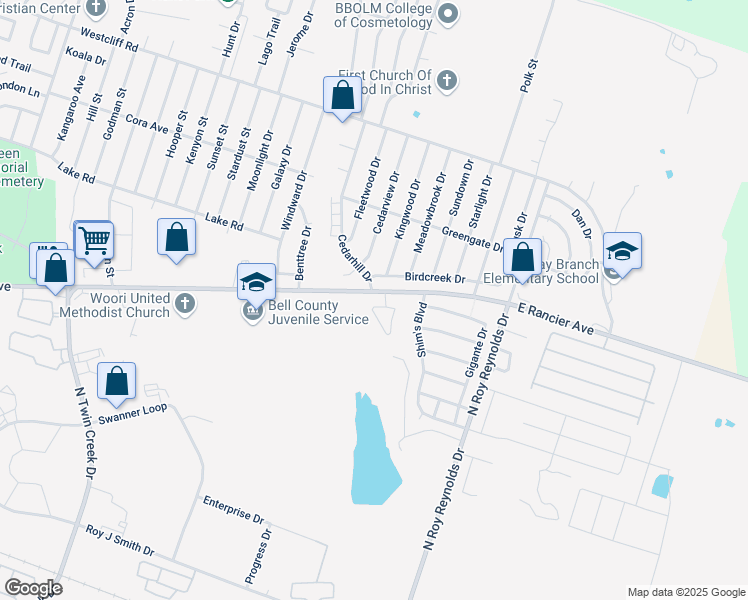 map of restaurants, bars, coffee shops, grocery stores, and more near 5102 Birdcreek Drive in Killeen