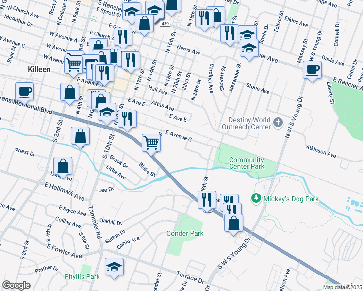 map of restaurants, bars, coffee shops, grocery stores, and more near 1204 East Avenue G in Killeen