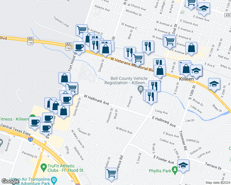 map of restaurants, bars, coffee shops, grocery stores, and more near 524 Joyner Circle in Killeen