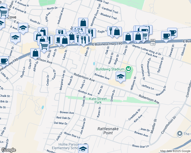 map of restaurants, bars, coffee shops, grocery stores, and more near 414 Oak Street in Copperas Cove