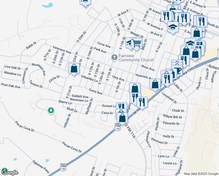 map of restaurants, bars, coffee shops, grocery stores, and more near 1204 South 9th Street in Copperas Cove