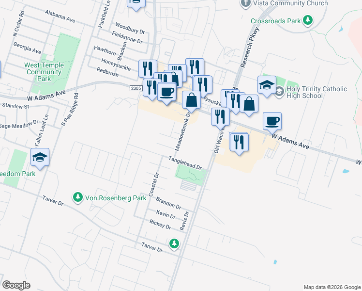 map of restaurants, bars, coffee shops, grocery stores, and more near 130 Meadowbrook Drive in Temple