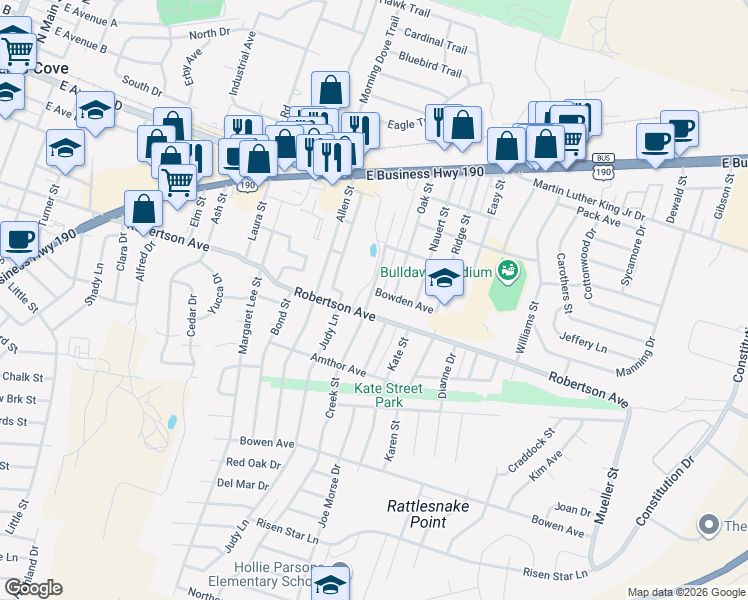 map of restaurants, bars, coffee shops, grocery stores, and more near 414 Oak Street in Copperas Cove