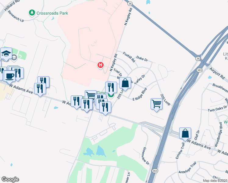 map of restaurants, bars, coffee shops, grocery stores, and more near 5320 205 Loop in Temple