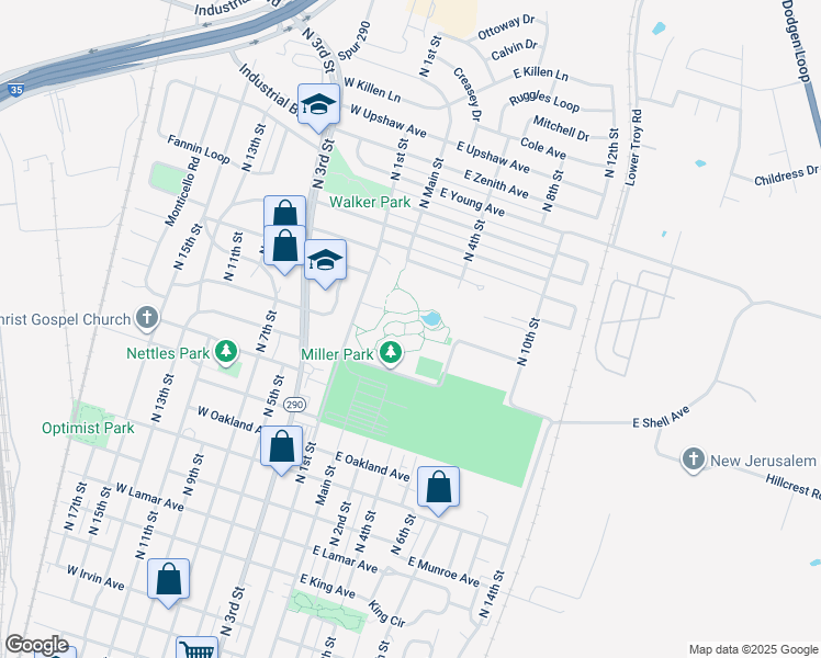 map of restaurants, bars, coffee shops, grocery stores, and more near 1919 North 1st Street in Temple