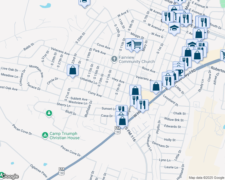 map of restaurants, bars, coffee shops, grocery stores, and more near 1201 South 9th Street in Copperas Cove
