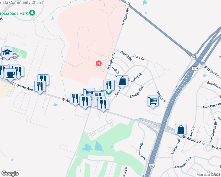 map of restaurants, bars, coffee shops, grocery stores, and more near 5320 205 Loop in Temple