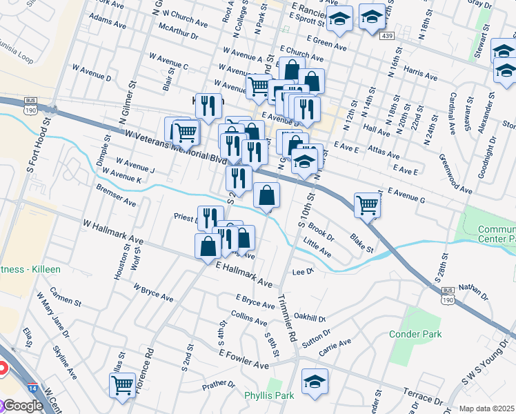 map of restaurants, bars, coffee shops, grocery stores, and more near 223 Hold Street in Killeen