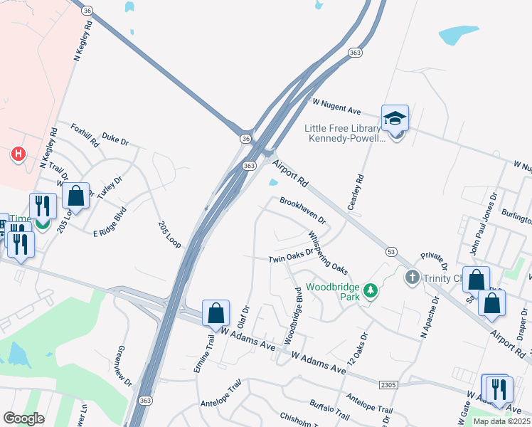 map of restaurants, bars, coffee shops, grocery stores, and more near 713 Olaf Drive in Temple