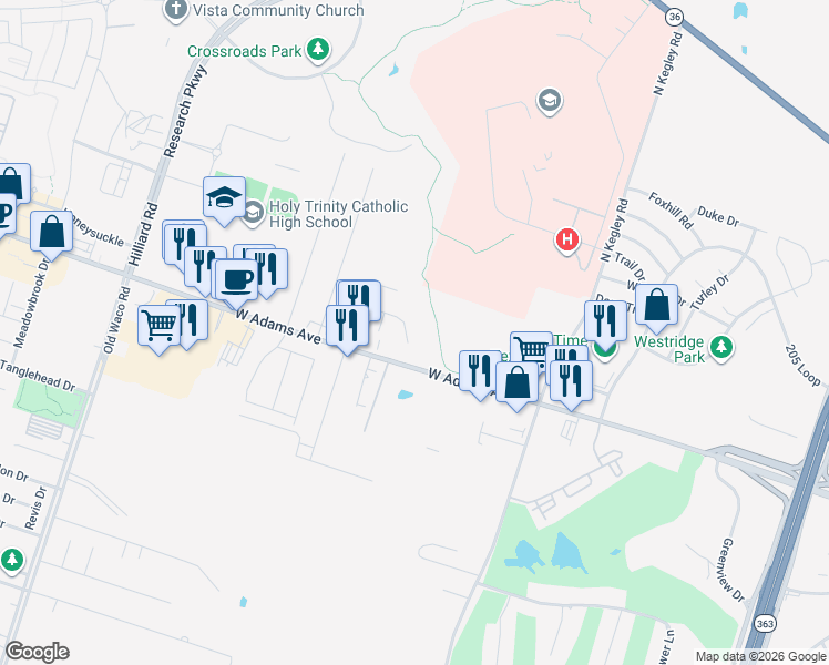 map of restaurants, bars, coffee shops, grocery stores, and more near 6010 Wildcat Drive in Temple