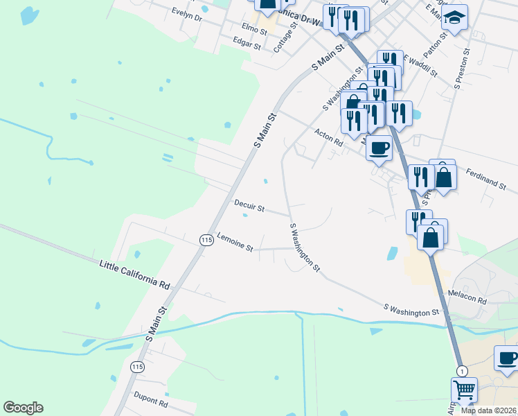 map of restaurants, bars, coffee shops, grocery stores, and more near 127 Decuir Street in Marksville