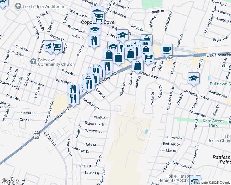 map of restaurants, bars, coffee shops, grocery stores, and more near 705 Morris Drive in Copperas Cove