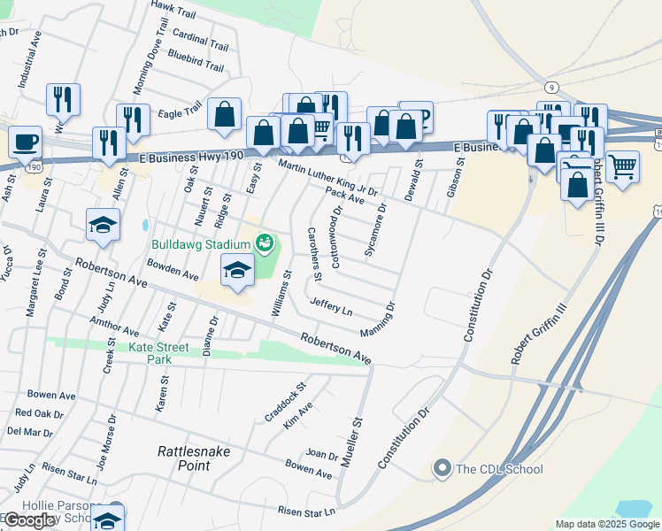 map of restaurants, bars, coffee shops, grocery stores, and more near 404 Cottonwood Drive in Copperas Cove