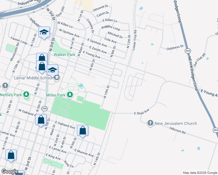 map of restaurants, bars, coffee shops, grocery stores, and more near 508 East Union Avenue in Temple