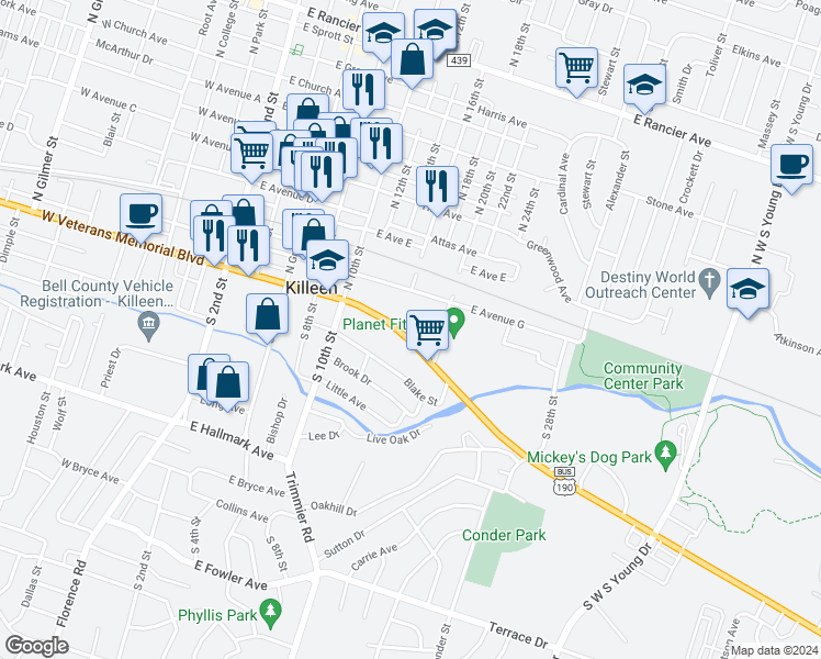 map of restaurants, bars, coffee shops, grocery stores, and more near 817 East Veterans Memorial Boulevard in Killeen