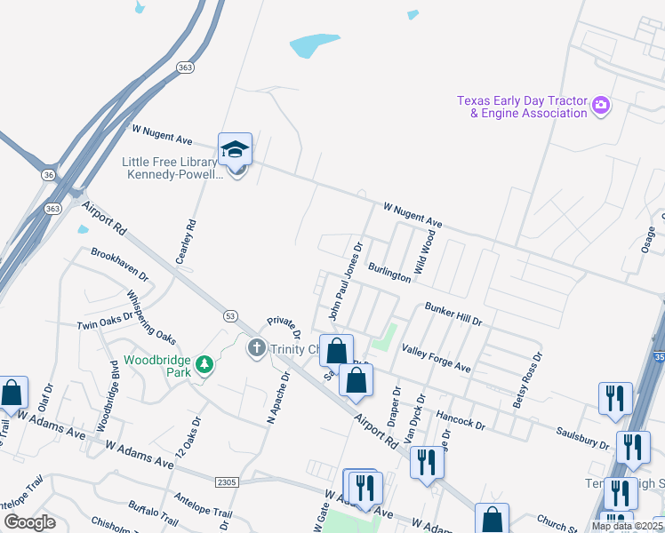 map of restaurants, bars, coffee shops, grocery stores, and more near 3220 Trenton Drive in Temple
