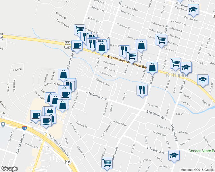 map of restaurants, bars, coffee shops, grocery stores, and more near 512 Bremser Avenue in Killeen