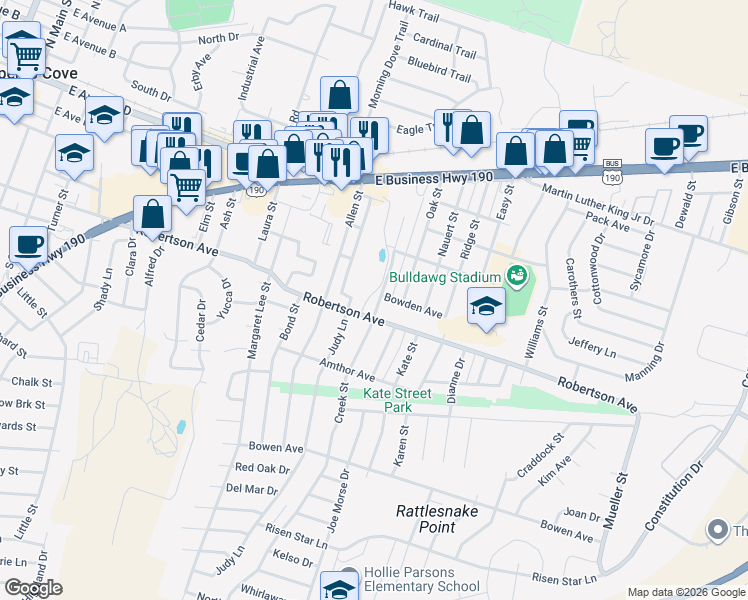 map of restaurants, bars, coffee shops, grocery stores, and more near 313 Judy Lane in Copperas Cove