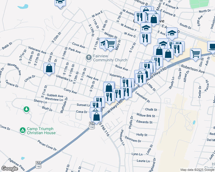 map of restaurants, bars, coffee shops, grocery stores, and more near 1101 South 3rd Street in Copperas Cove