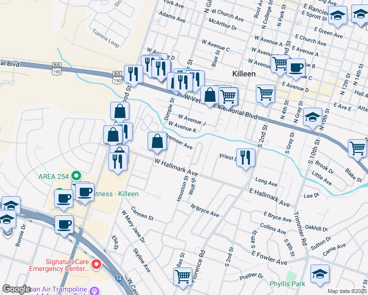 map of restaurants, bars, coffee shops, grocery stores, and more near 512 Bremser Ave in Killeen
