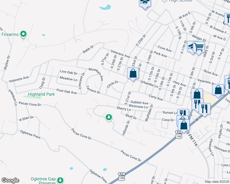 map of restaurants, bars, coffee shops, grocery stores, and more near 2104 Brantley Avenue in Copperas Cove
