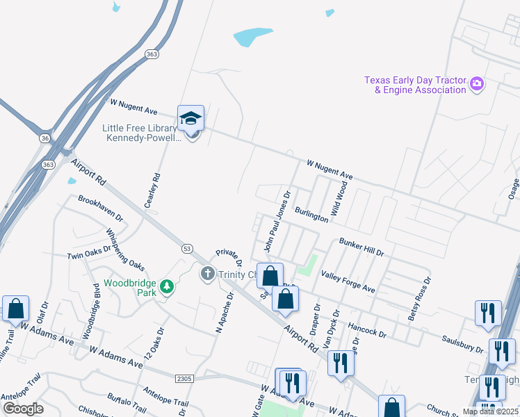 map of restaurants, bars, coffee shops, grocery stores, and more near 3220 Trenton Drive in Temple