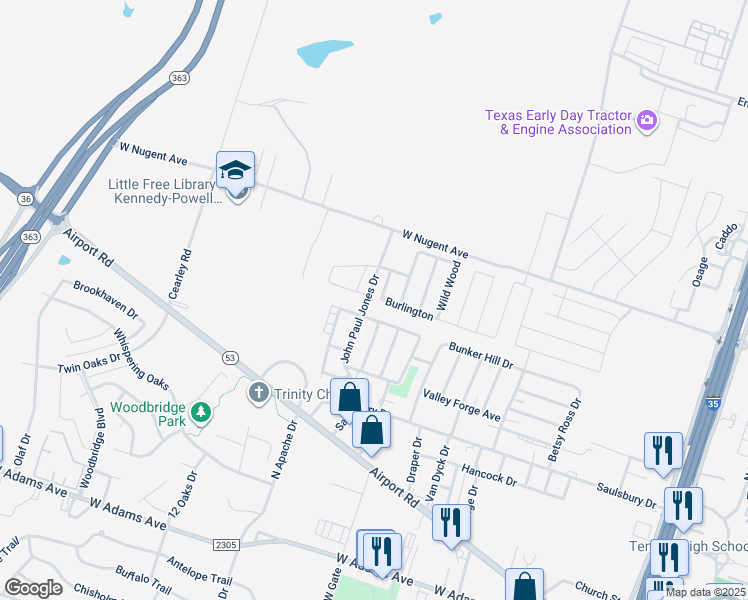 map of restaurants, bars, coffee shops, grocery stores, and more near 1016 Providence Park in Temple
