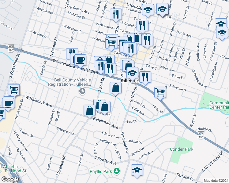 map of restaurants, bars, coffee shops, grocery stores, and more near 223 Hold Street in Killeen