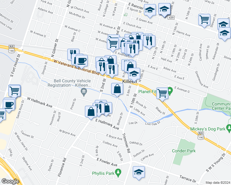 map of restaurants, bars, coffee shops, grocery stores, and more near 223 Hold Street in Killeen