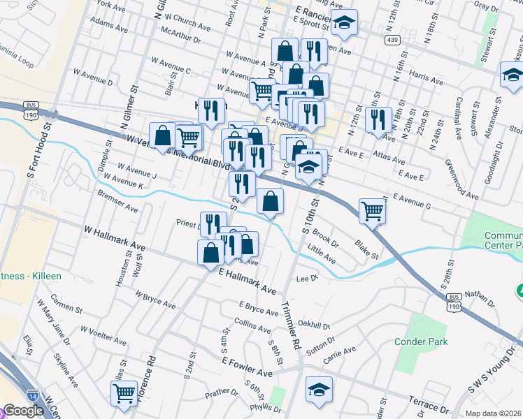 map of restaurants, bars, coffee shops, grocery stores, and more near 223 Hold Street in Killeen