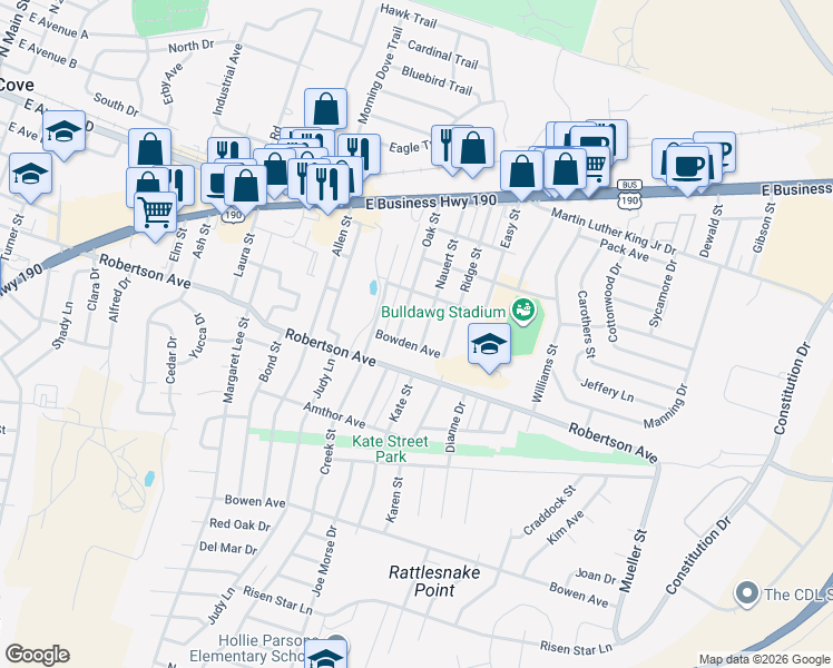 map of restaurants, bars, coffee shops, grocery stores, and more near 414 Nauert Street in Copperas Cove