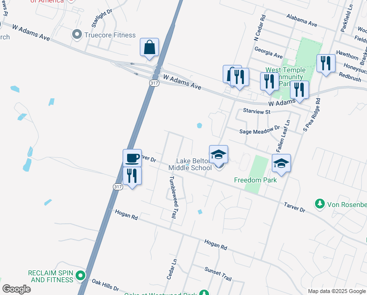 map of restaurants, bars, coffee shops, grocery stores, and more near 723 Tumbleweed Trail in Temple