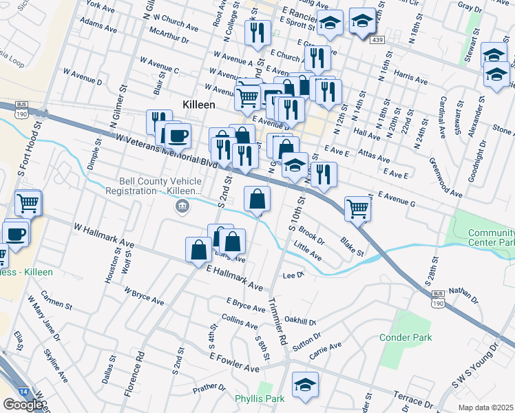 map of restaurants, bars, coffee shops, grocery stores, and more near 223 Hold Street in Killeen