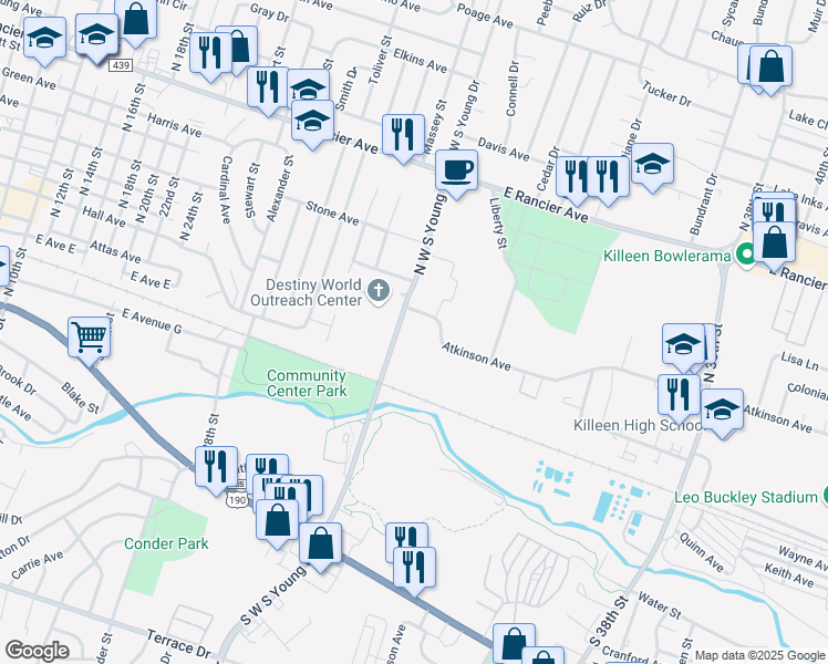 map of restaurants, bars, coffee shops, grocery stores, and more near 200 North West South Young Drive in Killeen