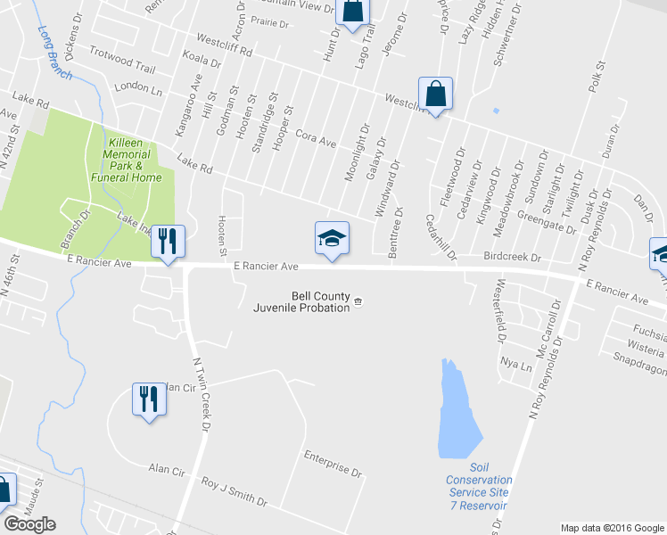 map of restaurants, bars, coffee shops, grocery stores, and more near 4705 East Rancier Avenue in Killeen