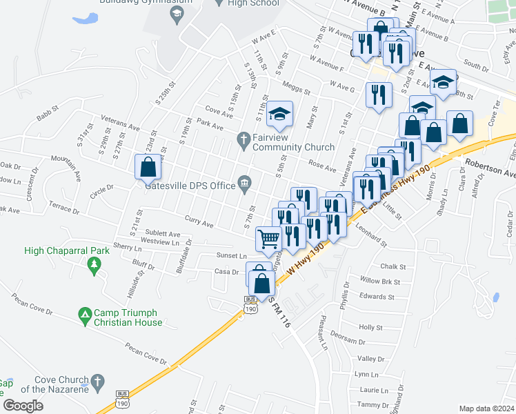 map of restaurants, bars, coffee shops, grocery stores, and more near 1107 South 7th Street in Copperas Cove