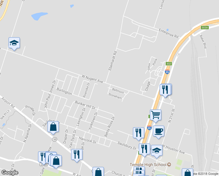 map of restaurants, bars, coffee shops, grocery stores, and more near 2920 Bellmont in Temple