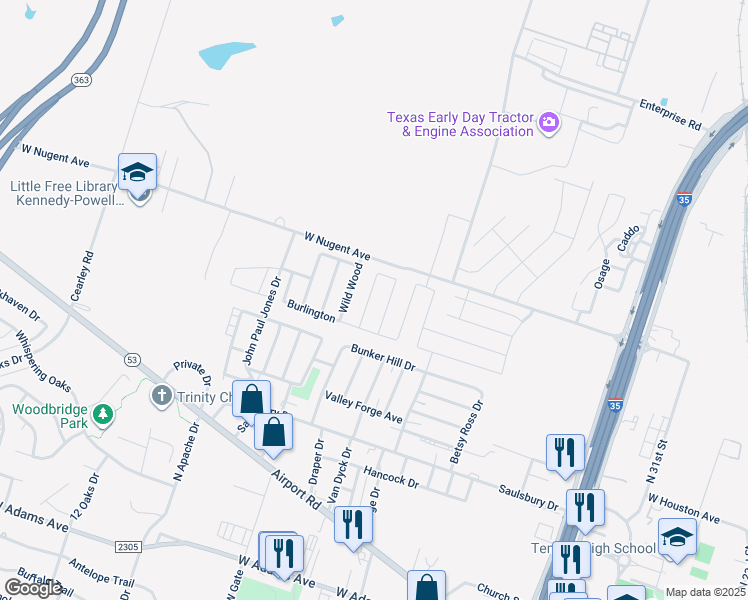 map of restaurants, bars, coffee shops, grocery stores, and more near 1119 Abbey Ridge in Temple