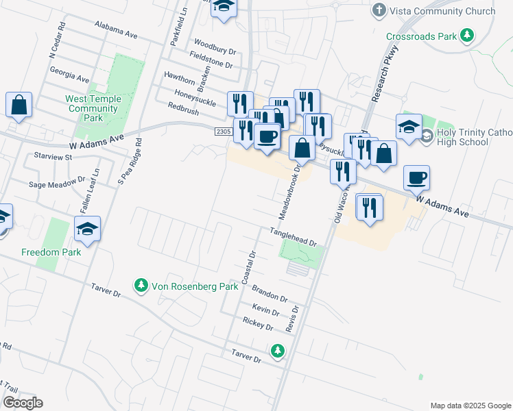 map of restaurants, bars, coffee shops, grocery stores, and more near 7316 Tobosa Drive in Temple