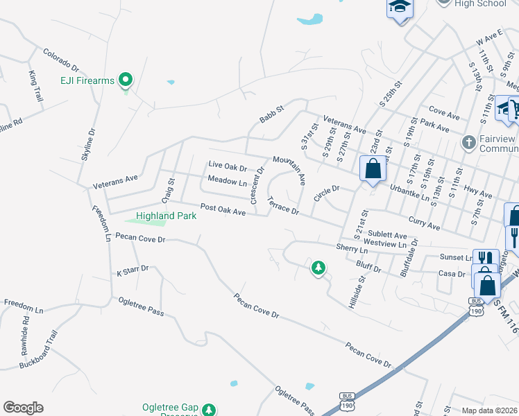 map of restaurants, bars, coffee shops, grocery stores, and more near 2301 Terrace Drive in Copperas Cove