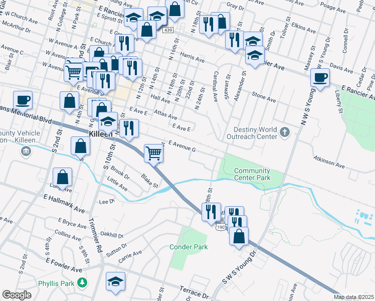 map of restaurants, bars, coffee shops, grocery stores, and more near 202 24th Street in Killeen