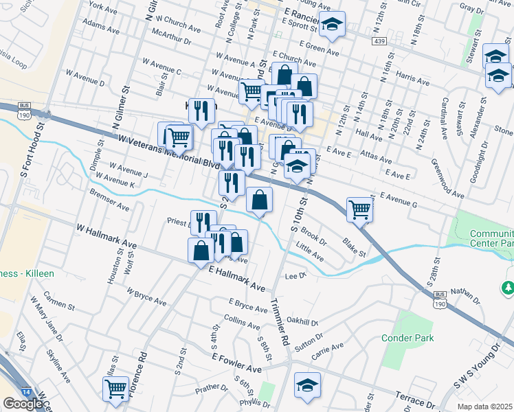 map of restaurants, bars, coffee shops, grocery stores, and more near 223 Hold Street in Killeen