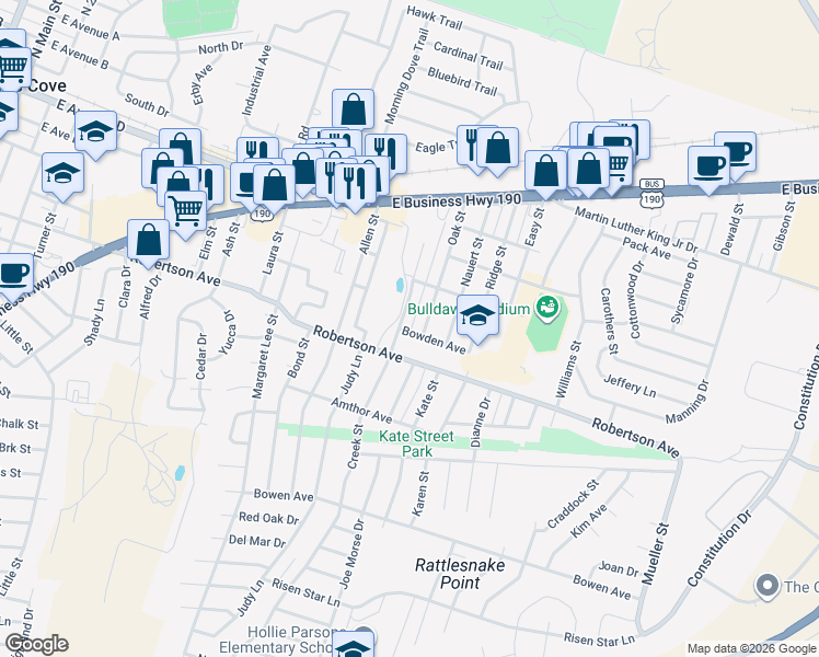 map of restaurants, bars, coffee shops, grocery stores, and more near 414 Oak Street in Copperas Cove