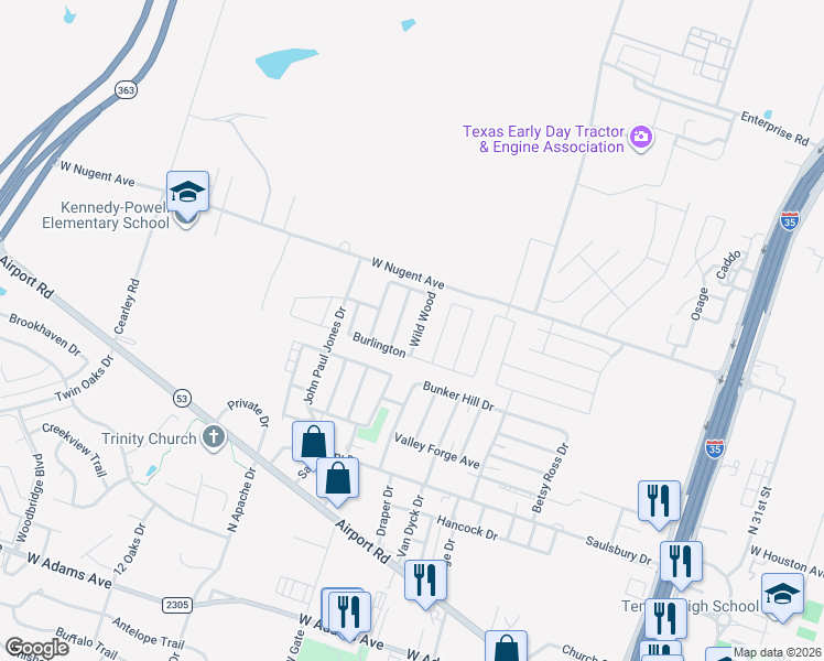 map of restaurants, bars, coffee shops, grocery stores, and more near 1111 Westbury in Temple