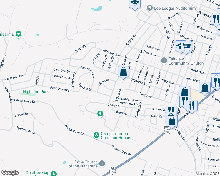 map of restaurants, bars, coffee shops, grocery stores, and more near 2104 Brantley Avenue in Copperas Cove