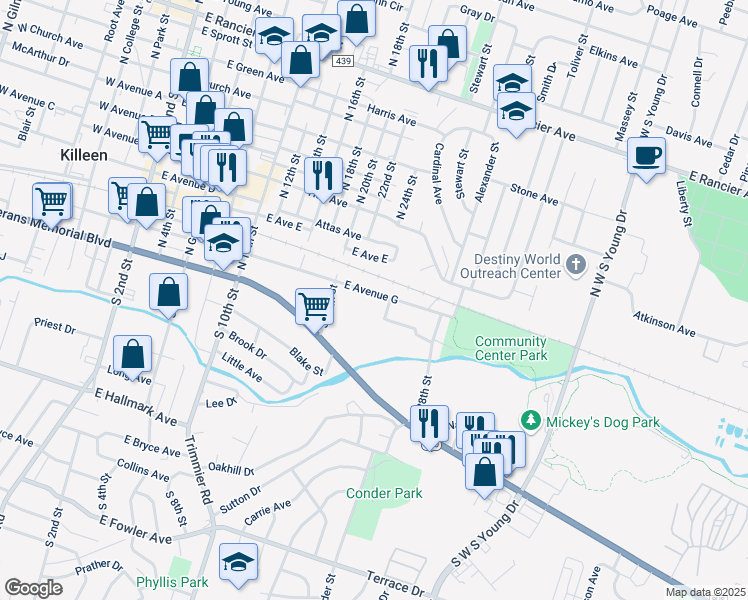 map of restaurants, bars, coffee shops, grocery stores, and more near 1204 East Avenue G in Killeen