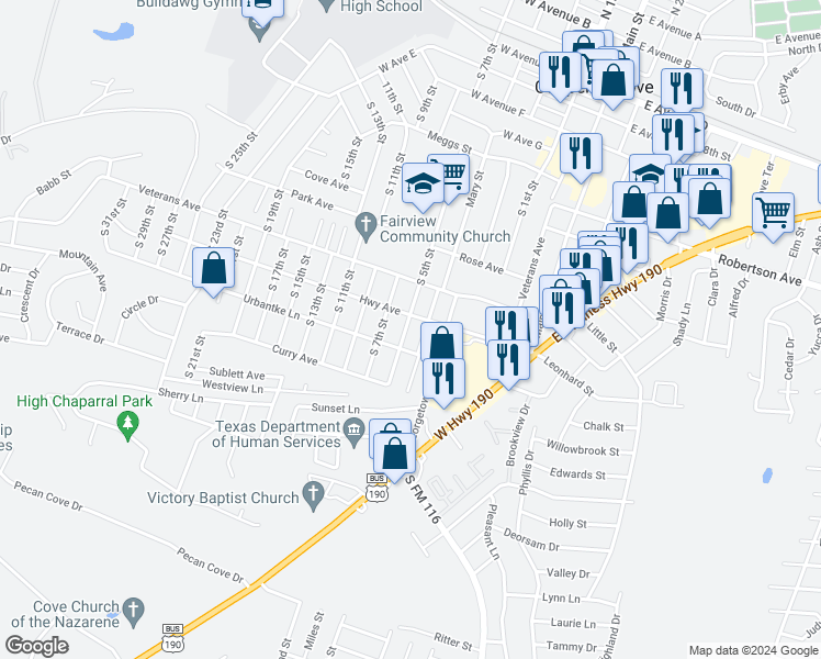 map of restaurants, bars, coffee shops, grocery stores, and more near 1103 South 5th Street in Copperas Cove