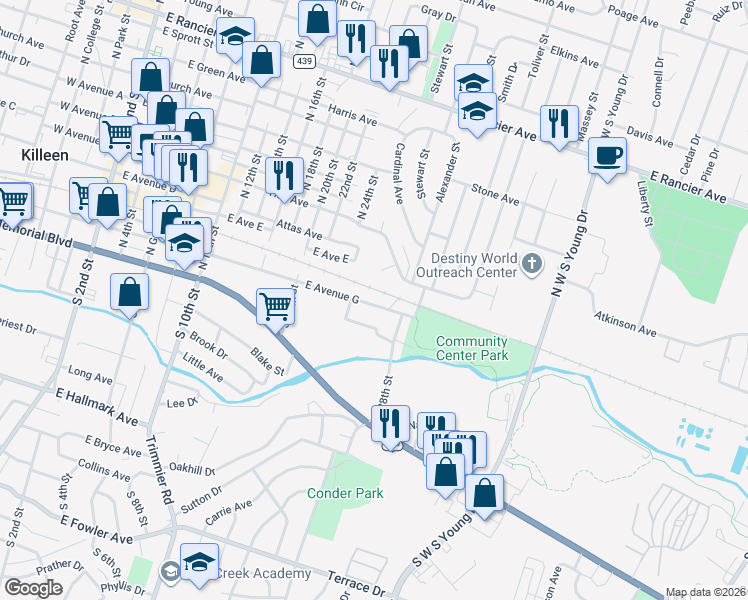 map of restaurants, bars, coffee shops, grocery stores, and more near 1405 East Avenue G in Killeen